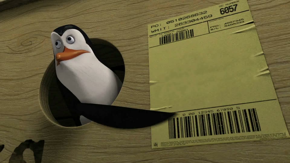 Penguin pointing at shipping label GIF meme template